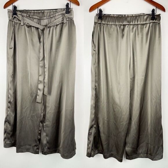 Joie Women's Gray Satin Wide Leg Cropped Pullon Pants Size M Elastic Waist - Picture 1 of 9